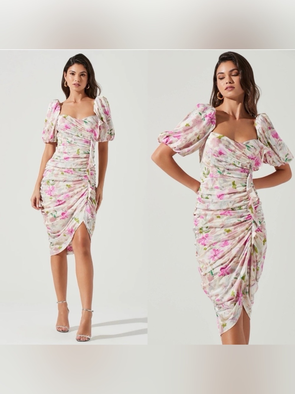 ASTR EMMA FLORAL RUCHED BUBBLE SLEEVE MIDI DRESS LARGE